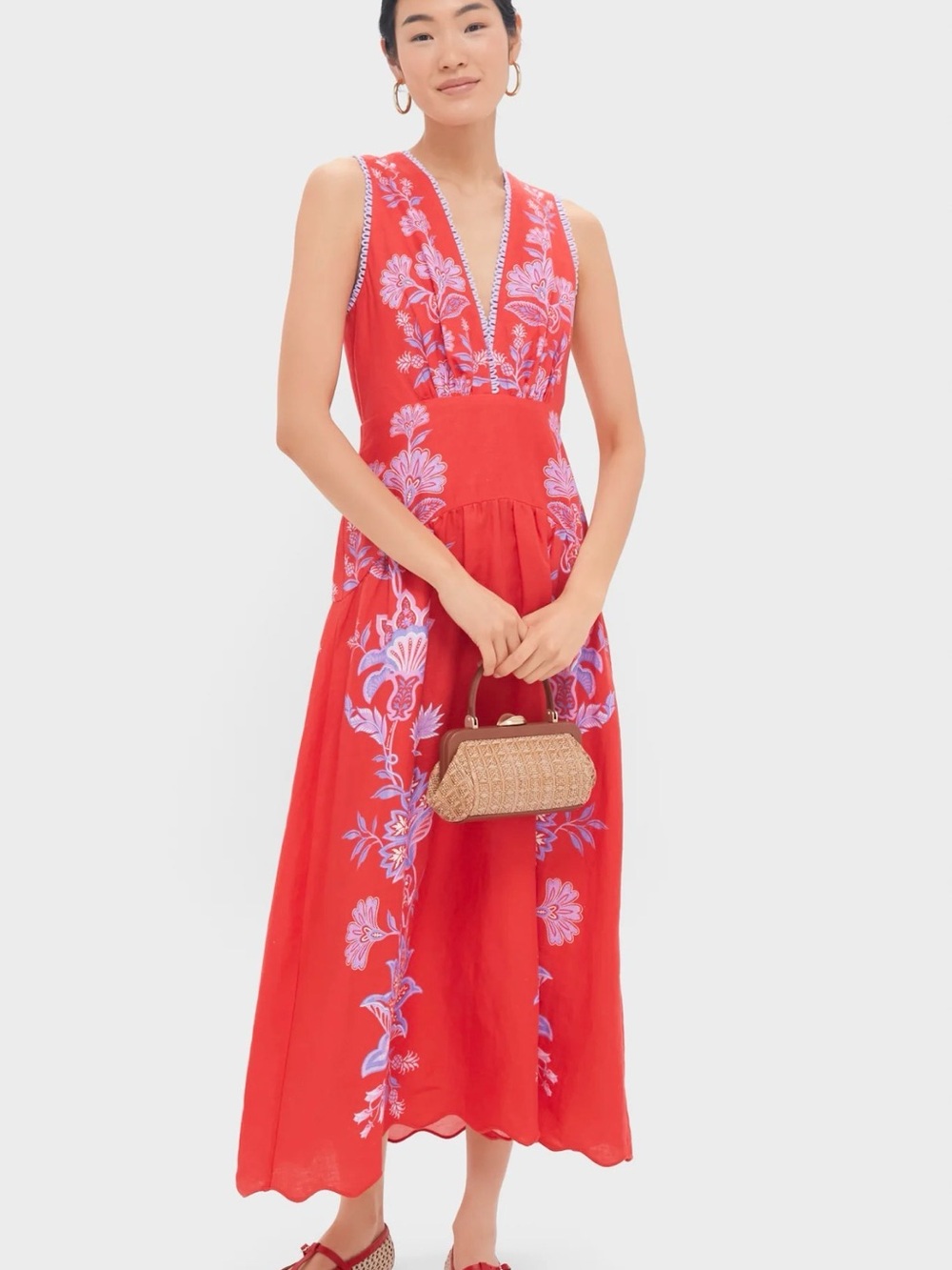 Farm Rio Red Porcelain Garden Euroflax Premium Linen Dress - Small - NWT